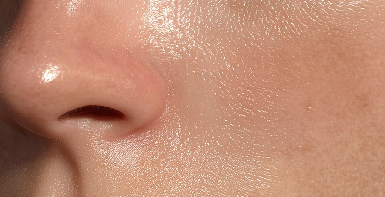 Close-up of nose and glistening skin
