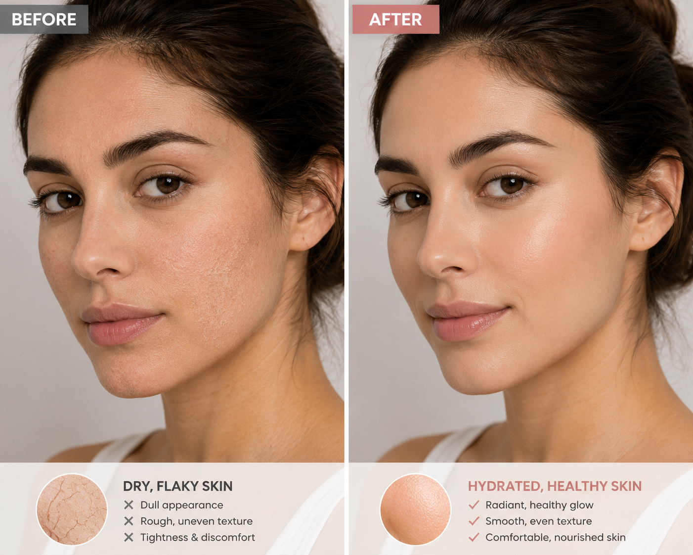 Before and after hydrated facial skin results