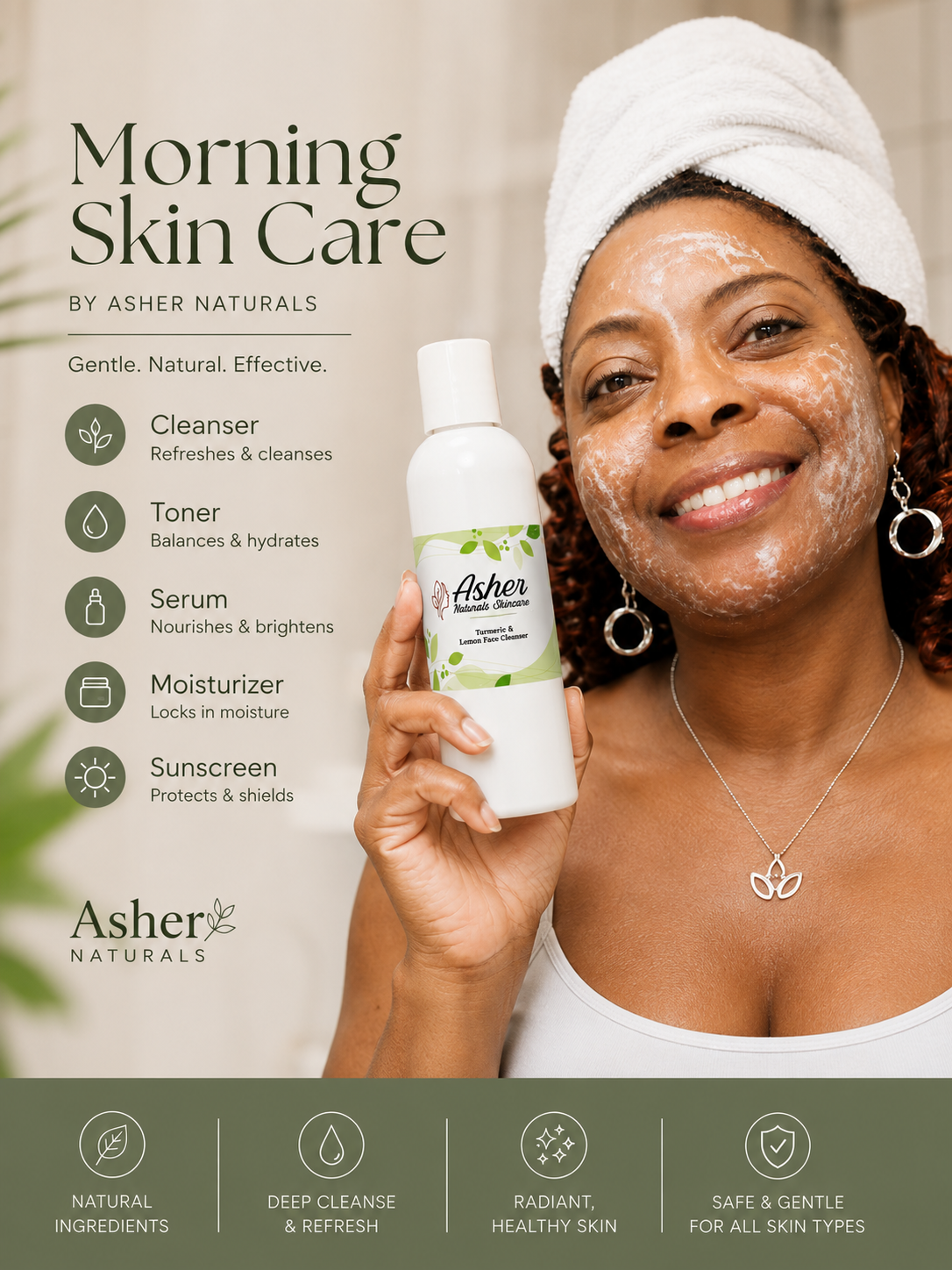 Smiling woman holding Asher Naturals skincare bottle