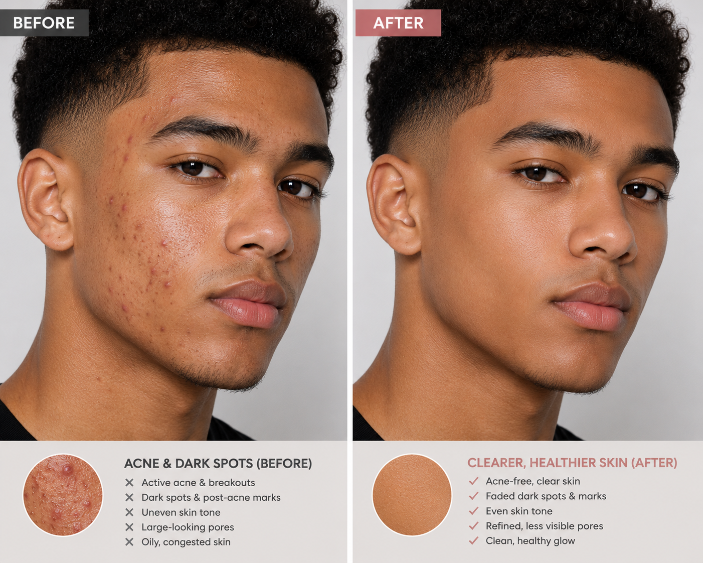 Before-and-after male acne treatment portrait