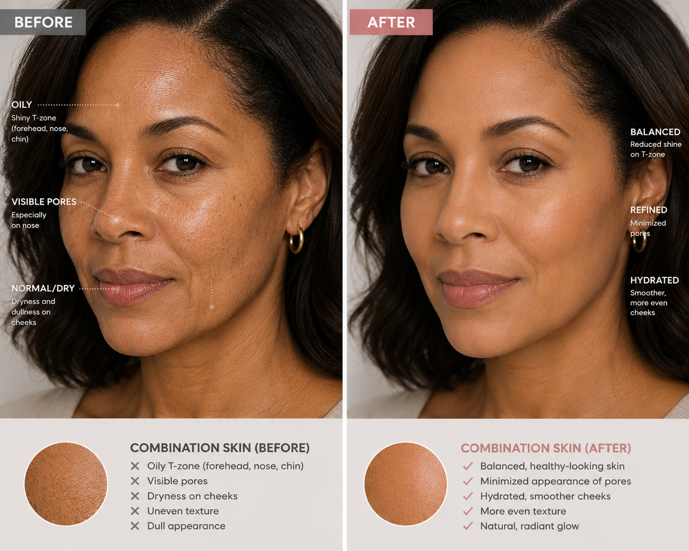 Before and after skincare results on combination skin