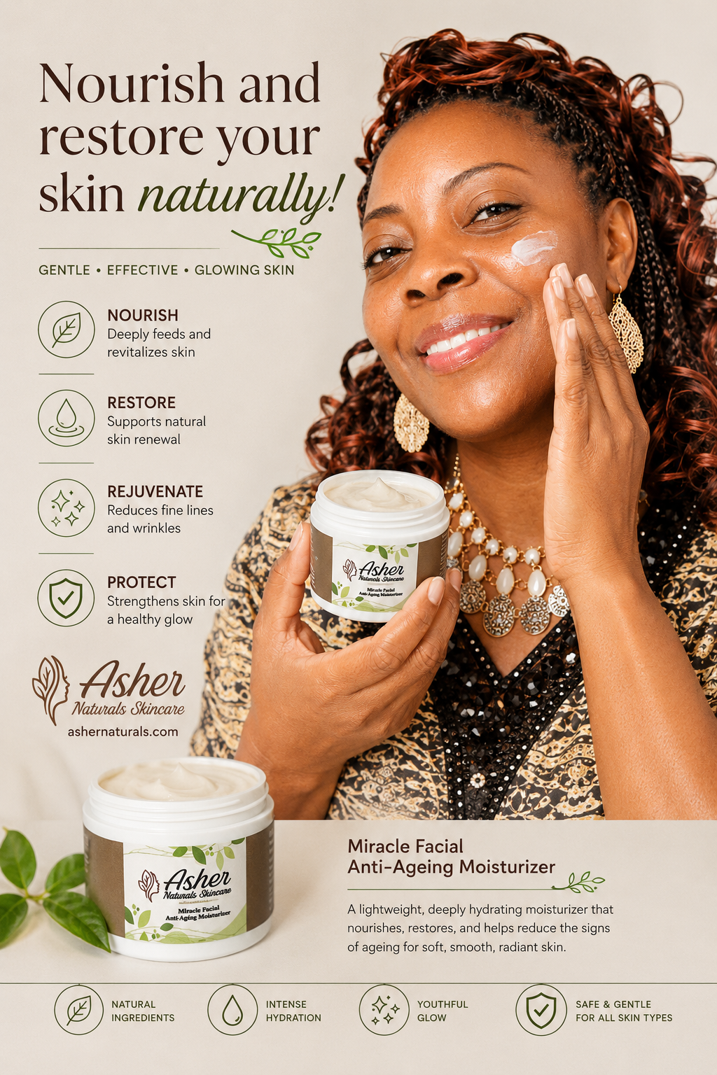 Smiling woman applying facial moisturizer from jar